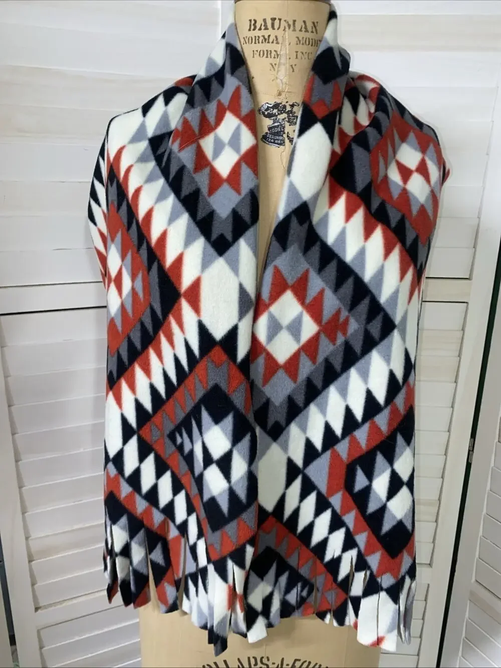 Fleece Fringe Wrap Scarf Native American Aztec Print 55” X 13.5”